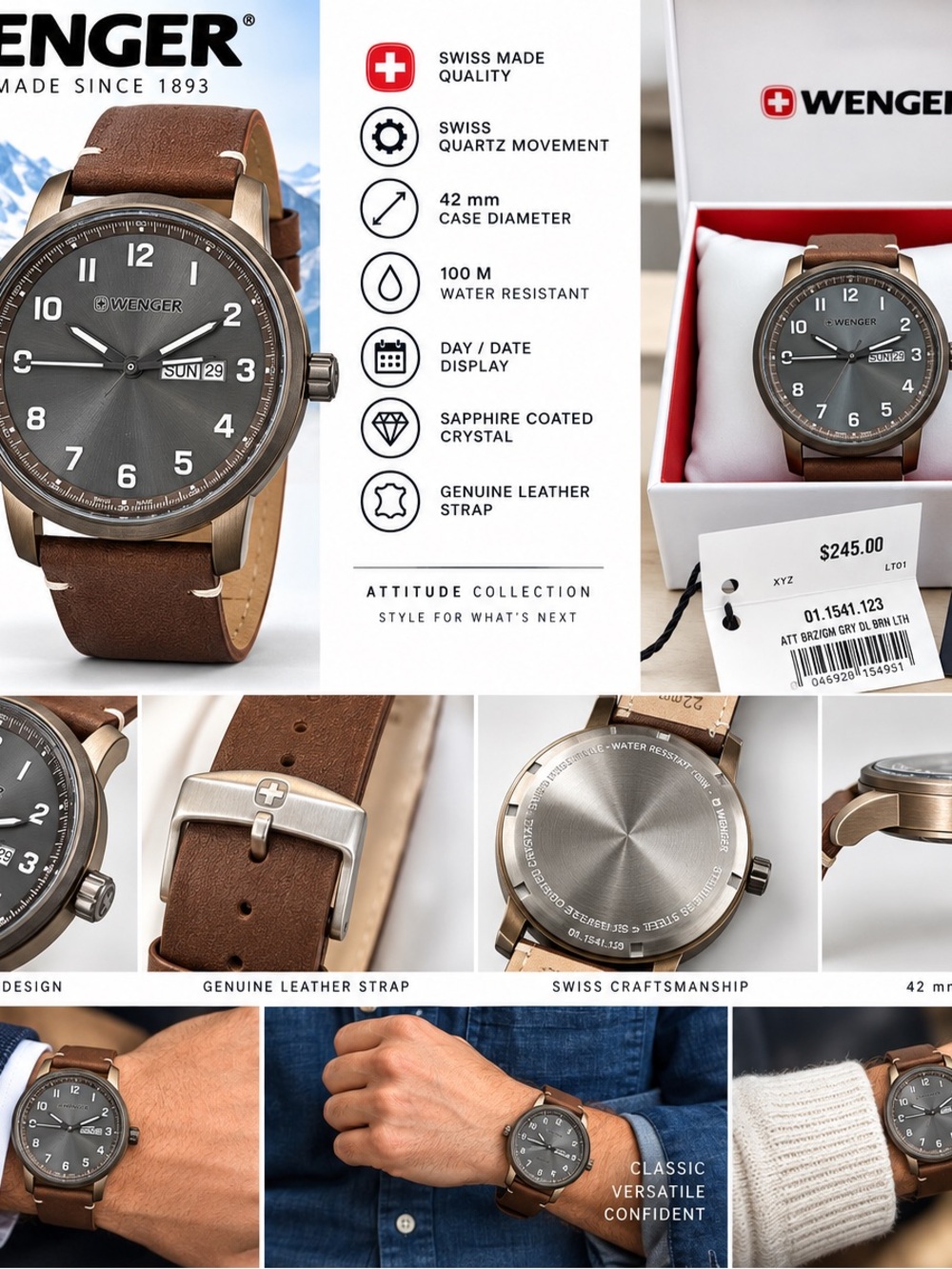 Wenger Attitude Men's Brown Leather Strap Watch - Gray Dial